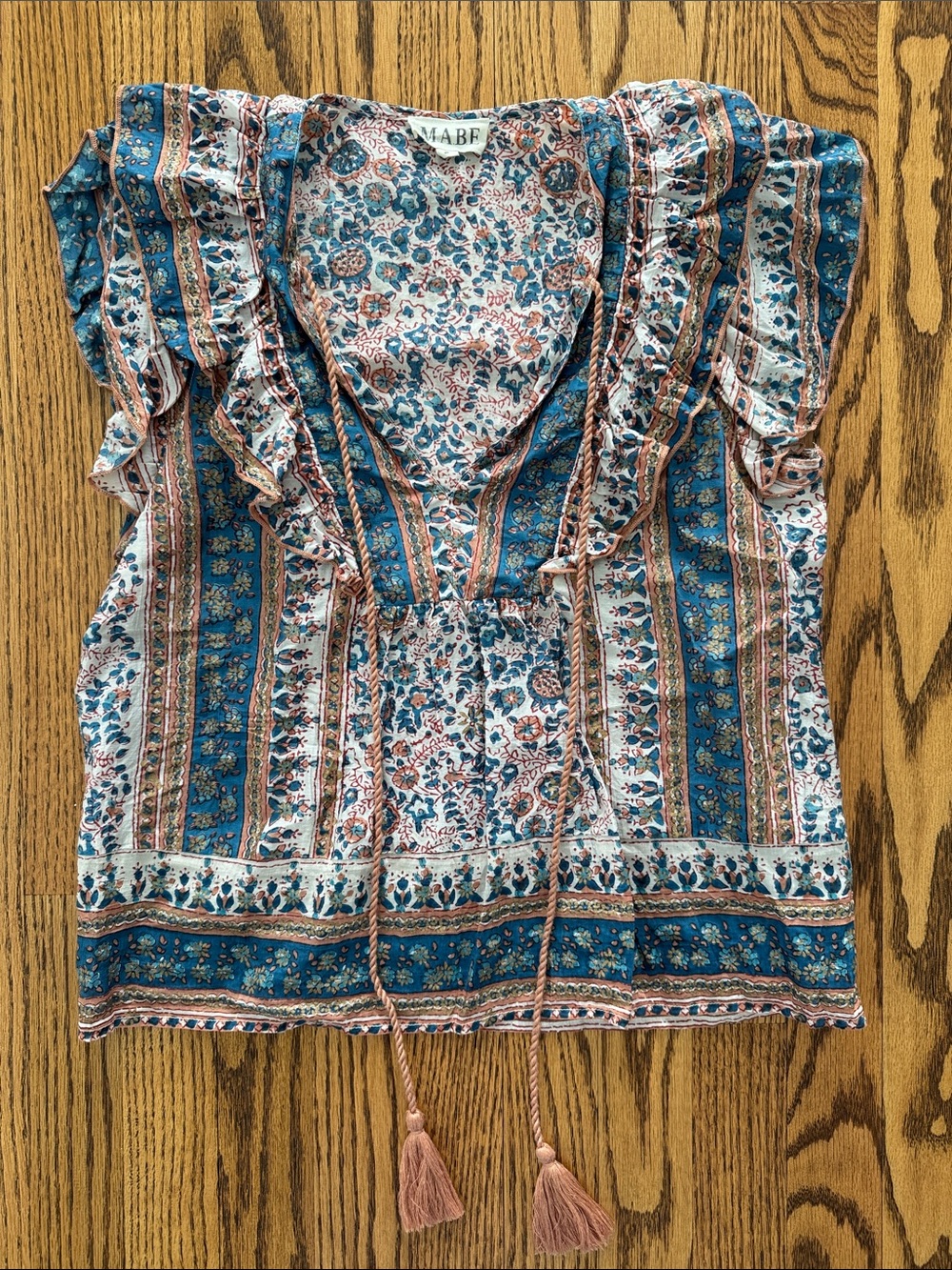 M.A.B.E. Blue Floral Ruffle Tie-Front Blouse